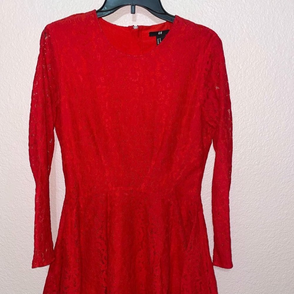 H&M Red Long Sleeve Lace Dress, size: 10